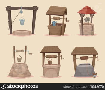 Well cartoon. Different wellness from wooden and stone materials village architectural objects vector collection. Well fresh, traditional countryside water source illustration. Well cartoon. Different wellness from wooden and stone materials village architectural objects vector collection