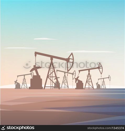 Well Drilling for Oil Extraction from Depths Earth. Flat Vector Illustration Industrial Zone Oil Refinery Company. Business World Corporation. Silhouette Plant on Background Rising Sun in Desert.