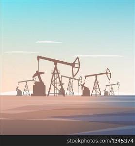 Well Drilling for Oil Extraction from Depths Earth. Flat Vector Illustration Industrial Zone Oil Refinery Company. Business World Corporation. Silhouette Plant on Background Rising Sun in Desert.
