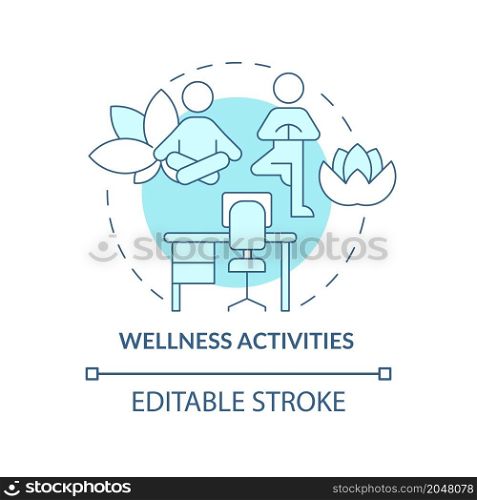 Wellbeing activities concept icon. Meditation and de-stress. Yoga exercises abstract idea thin line illustration. Isolated outline drawing. Editable stroke. Roboto-Medium, Myriad Pro-Bold fonts used. Wellbeing activities concept icon