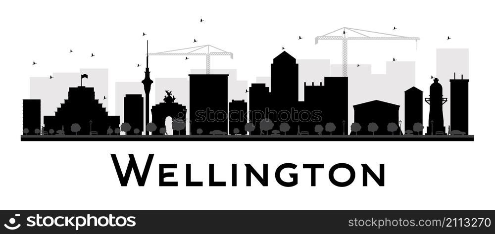 Wellington City skyline black and white silhouette. Vector illustration. Simple flat concept for tourism presentation, banner, placard or web site. Business travel concept. Cityscape with landmarks