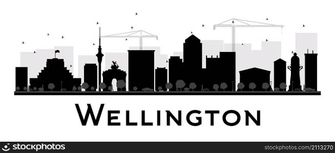 Wellington City skyline black and white silhouette. Vector illustration. Simple flat concept for tourism presentation, banner, placard or web site. Business travel concept. Cityscape with landmarks
