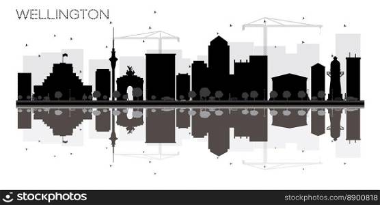 Wellington City skyline black and white silhouette with reflections. Vector illustration. Simple flat concept for tourism presentation, banner, placard or web site. Cityscape with landmarks.