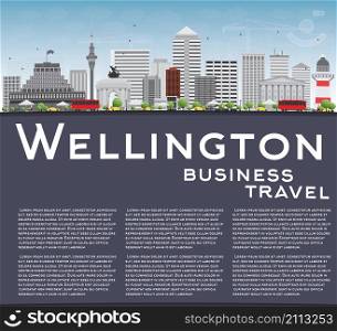 Wellington skyline with grey buildings, blue sky and copy space. Vector illustration. Business travel and tourism concept with place for text. Image for presentation, banner, placard and web site.