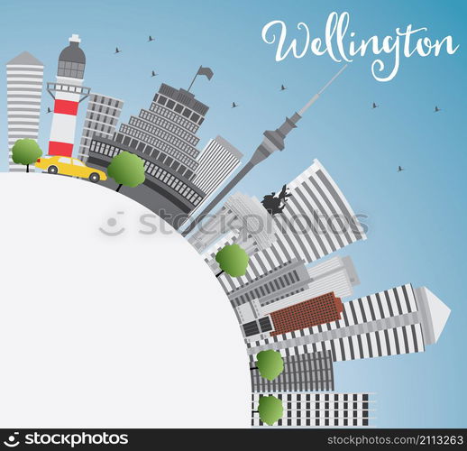 Wellington skyline with grey buildings, blue sky and copy space. Vector illustration. Business travel and tourism concept with place for text. Image for presentation, banner, placard and web site.