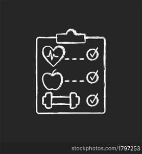 Wellness program chalk white icon on dark background. Online fitness challenges therapy. Health increasement. Smoking cessation. Weight loss education. Isolated vector chalkboard illustration on black. Wellness program chalk white icon on dark background.