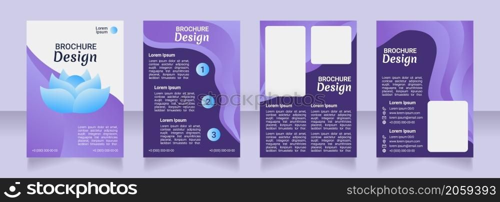 Wellness purple blank brochure design. Meditation class. Template set with copy space. Premade corporate reports collection. Editable 4 paper pages. Robot Medium, Light, Merienda Bold fonts useds. Wellness purple blank brochure design