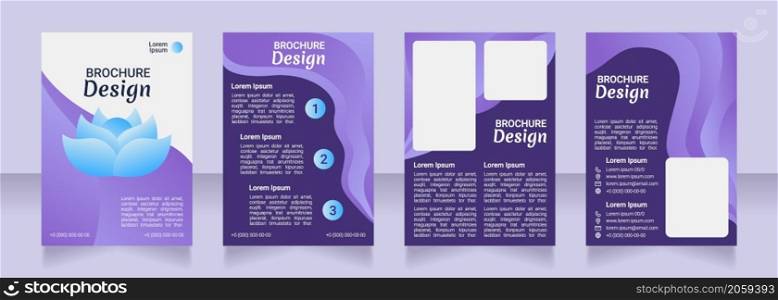 Wellness purple blank brochure design. Meditation class. Template set with copy space. Premade corporate reports collection. Editable 4 paper pages. Robot Medium, Light, Merienda Bold fonts useds. Wellness purple blank brochure design