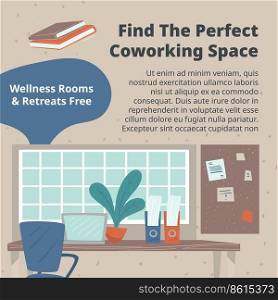 Wellness rooms and retreats free, find perfect coworking place for your employees. Workers office with desks and gadgets, furniture and decorations. Place for working in team. Vector in flat style. Find perfect coworking space, office for employees