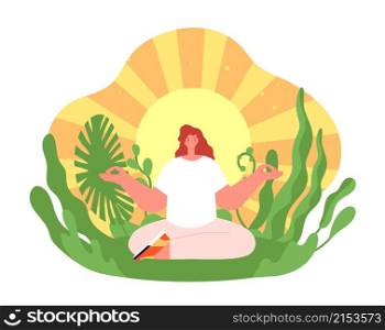 Wellness therapy. Harmonious yoga girl, health balance or meditation on sun background. Treatment on nature, soul mind relax utter vector concept. Illustration of harmony and care, esoteric spiritual. Wellness therapy. Harmonious yoga girl, health balance or meditation on sun background. Treatment on nature, soul mind relax utter vector concept