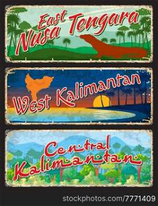 West and Central Kalimantan, East Nusa Tengara indonesian travel plates. Indonesia region retro tin sign, indonesian province vector sticker with monitor lizard, tropical forest and beach landscape. West and Central Kalimantan, East Nusa plates