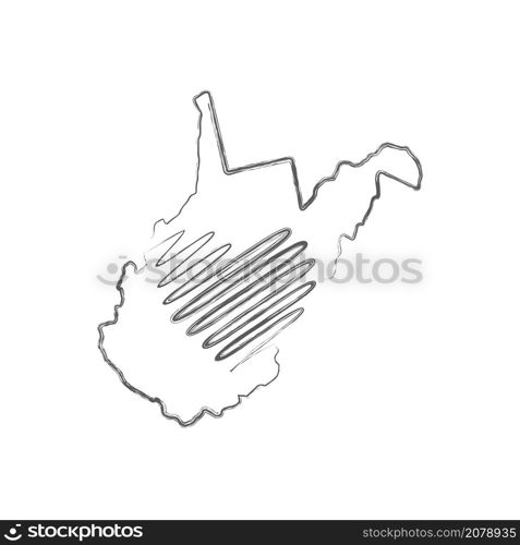 West Virginia US state hand drawn pencil sketch outline map with heart shape. Continuous line drawing of patriotic home sign. A love for a small homeland. T-shirt print idea. Vector illustration.. West Virginia US state hand drawn pencil sketch outline map with the handwritten heart shape. Vector illustration