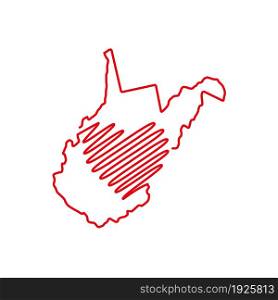 West Virginia US state red outline map with the handwritten heart shape. Continuous line drawing of patriotic home sign. A love for a small homeland. T-shirt print idea. Vector illustration.. West Virginia US state red outline map with the handwritten heart shape. Vector illustration