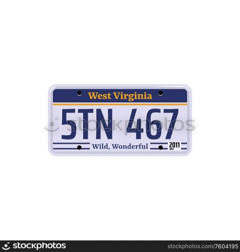 West Virginia vehicle registration license isolated car number plate. Vector wild USA state numberplate. USA car number plate isolated, West Virginia state