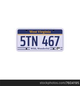 West Virginia vehicle registration license isolated car number plate. Vector wild USA state numberplate. USA car number plate isolated, West Virginia state