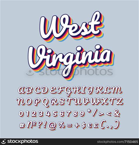West Virginia vintage 3d vector lettering. Retro bold font, typeface. Pop art stylized text. Old school style letters numbers, symbols pack. 90s poster typography design. Baby blue color background