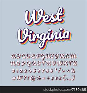 West Virginia vintage 3d vector lettering. Retro bold font, typeface. Pop art stylized text. Old school style letters numbers, symbols pack. 90s poster typography design. Baby blue color background