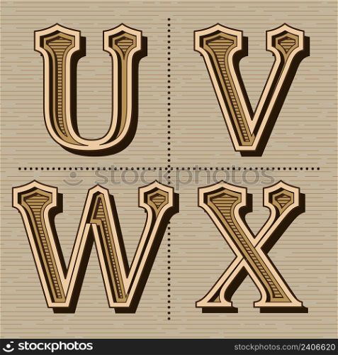 Western alphabet design letters vintage vector  u, v, w, x 