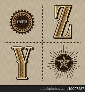 Western alphabet letters vintage design vector  y, z 