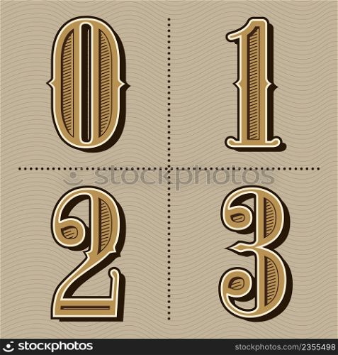 Western alphabet letters vintage numbers design vector (0,1,2,3)