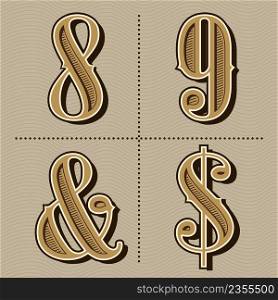 Western alphabet letters vintage numbers design vector (8,9,&,$)