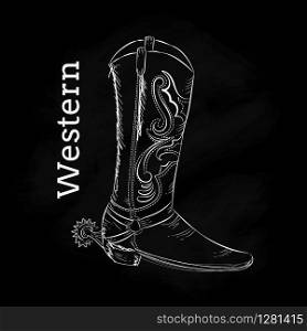 Western Boot Hand draw blackboard vintage vector illustration