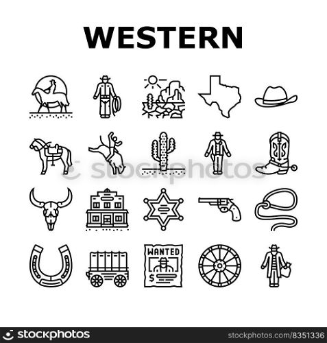 Western Cowboy And Sheriff Man Icons Set Vector. Lasso Accessory And Gun, Skull Bull And Cowboy On Horse Animal, Wanted Poster And Wagon Trailer, Saloon And Cactus Black Contour Illustrations. Western Cowboy And Sheriff Man Icons Set Vector