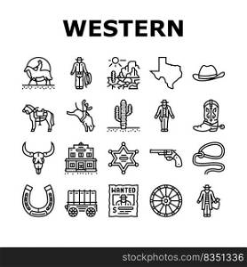 Western Cowboy And Sheriff Man Icons Set Vector. Lasso Accessory And Gun, Skull Bull And Cowboy On Horse Animal, Wanted Poster And Wagon Trailer, Saloon And Cactus Black Contour Illustrations. Western Cowboy And Sheriff Man Icons Set Vector