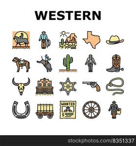 Western Cowboy And Sheriff Man Icons Set Vector. Lasso Accessory And Gun, Skull Bull And Cowboy On Horse Animal, Wanted Poster And Wagon Trailer, Saloon And Cactus Color Illustrations. Western Cowboy And Sheriff Man Icons Set Vector