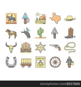 Western Cowboy And Sheriff Man Icons Set Vector. Lasso Accessory And Gun, Skull Bull And Cowboy On Horse Animal, Wanted Poster And Wagon Trailer, Saloon And Cactus Color Illustrations. Western Cowboy And Sheriff Man Icons Set Vector