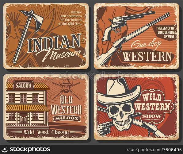 Western cowboy and Wild West saloon, skull and sheriff hat, shotgun and tomahawk, bow, Texas longhorn bull, revolver gun shop. American Western vintage vector grunge posters, rodeo show and Indian. American Wild West vintage posters