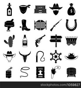Western cowboy icons set. Simple set of western cowboy vector icons for web design on white background. Western cowboy icons set, simple style