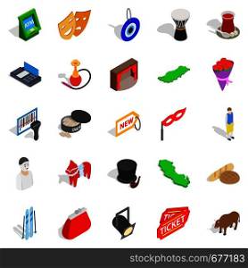 Western culture icons set. Isometric set of 25 western culture vector icons for web isolated on white background. Western culture icons set, isometric style
