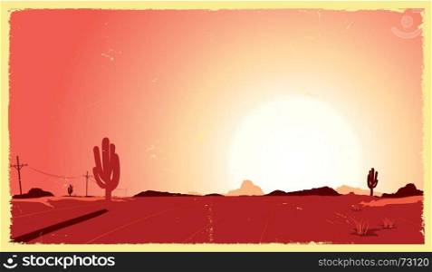 Western Desert Heat. Illustration of a vintage desert landscape in the sunset