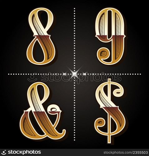 Western gradient alphabet letters vintage numbers design vector (8,9,&,$)