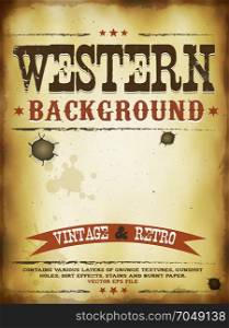 Western Grunge Poster. Illustration of a vintage old western poster template, with layers of grunge textures, dirt effects, gunshot holes, stains and burnt paper