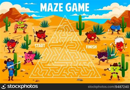 Western labyrinth maze, help to cartoon berry sheriff and ranger catch bandit, vector puzzle game. Kids worksheet to find way for cranberry sheriff to blueberry and blackberry robber in labyrinth maze. Western labyrinth maze, help cartoon berry sheriff