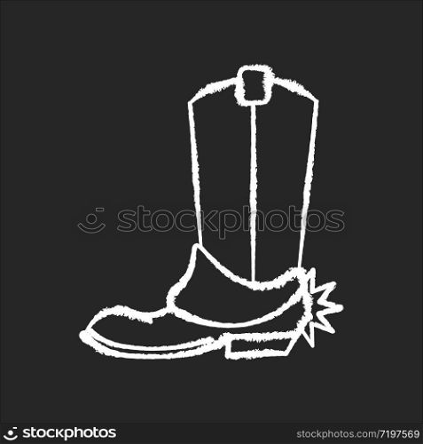 Western movie chalk white icon on black background. Traditional american cinema genre, cowboy films. Cinematography, filmmaking category. Boot with spur isolated vector chalkboard illustration