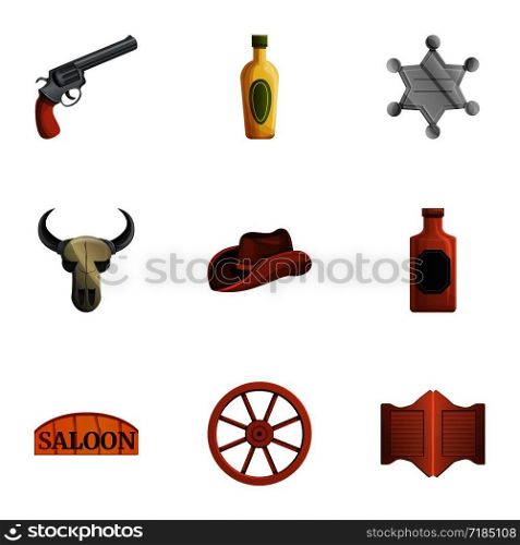 Western saloon icon set. Cartoon set of 9 western saloon vector icons for web design isolated on white background. Western saloon icon set, cartoon style