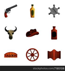 Western saloon icon set. Cartoon set of 9 western saloon vector icons for web design isolated on white background. Western saloon icon set, cartoon style