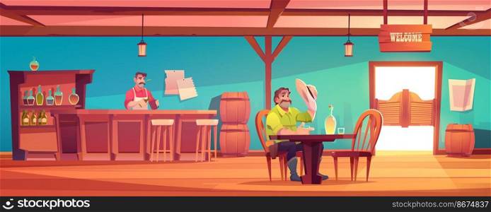 Western saloon with cowboy and barman behind counter. Vector cartoon interior of wild west tavern with man at table with hat and drink, wooden doors, barrels and alcohol bottles on shelves. Western saloon with cowboy and barman