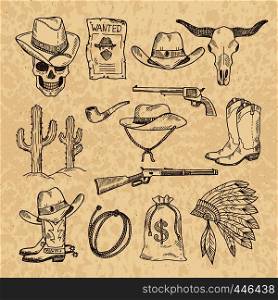 Western symbols. Cowboy, guns, saloon and other wild west pictures set. Vector hand drawn pictures. Wild west concept, gun revolver and skull, cactus and sack of money illustration. Western symbols. Cowboy, guns, saloon and other wild west pictures set. Vector hand drawn pictures