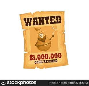 Western wanted poster with pear bandit character. Wild West dead or alive reward sheriff vector banner of cartoon pear fruit cowboy personage with gun, hat and bandana on old paper or grunge parchment. Western wanted poster with pear bandit character