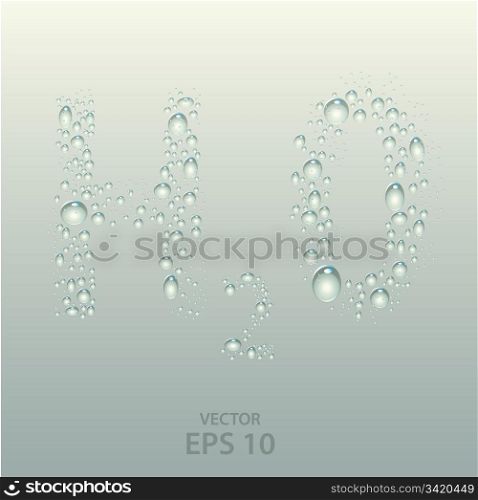 Wet neutral surface with waterdrops forming shape of letter formula H2O