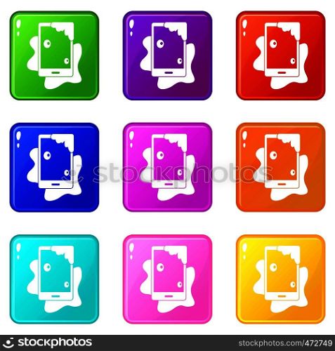 Wet phone icons of 9 color set isolated vector illustration. Wet phone icons 9 set