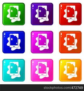 Wet phone icons of 9 color set isolated vector illustration. Wet phone icons 9 set