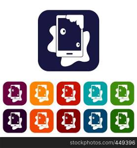 Wet phone icons set vector illustration in flat style In colors red, blue, green and other. Wet phone icons set flat