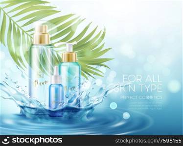 Wet skin care products with splash of water effects and palm tropical leaf on a blue background. Vector illustration EPS10. Wet skin care products with splash of water effects and palm tropical leaf on a blue background. Vector illustration