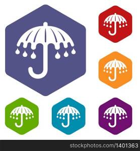 Wet umbrella icons vector colorful hexahedron set collection isolated on white. Wet umbrella icons vector hexahedron