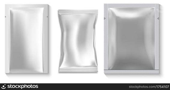 Wet wipe package. Sample pouch, silver sachet mockup. Disposable packet for napkin, isolated object. Foil sachet beauty sheet vector blank. Individual plastic packaging, empty blank. Wet wipe package. Sample pouch, silver sachet bag